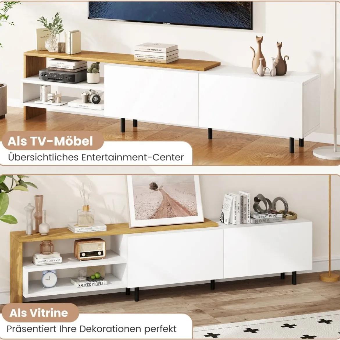 TV-Ständer für 80 Zoll Fernseher mit Ablagefächern & Schränken & Metallbeinen TV-Schrank Weiß
