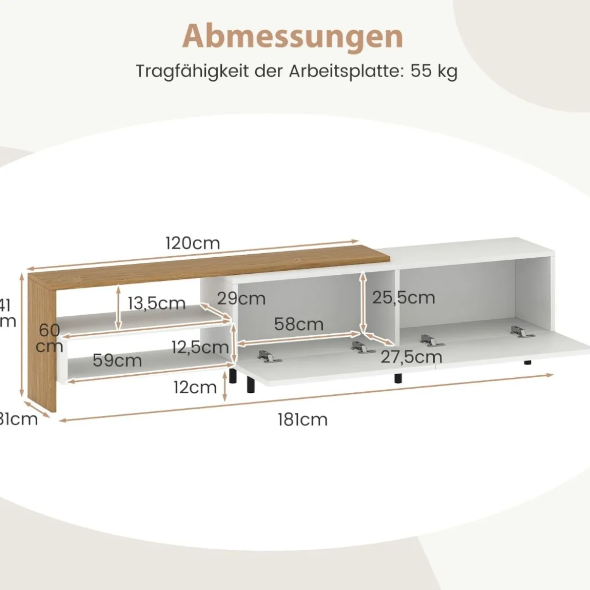 TV-Ständer für 80 Zoll Fernseher mit Ablagefächern & Schränken & Metallbeinen TV-Schrank Weiß