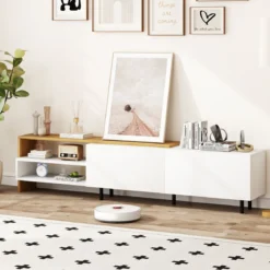 TV-Ständer für 80 Zoll Fernseher mit Ablagefächern & Schränken & Metallbeinen TV-Schrank Weiß