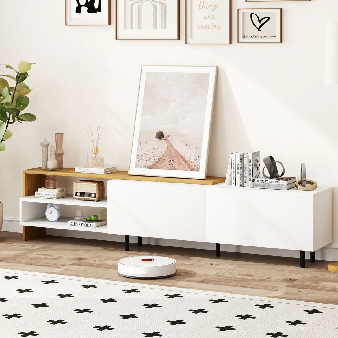 TV-Ständer für 80 Zoll Fernseher mit Ablagefächern & Schränken & Metallbeinen TV-Schrank Weiß