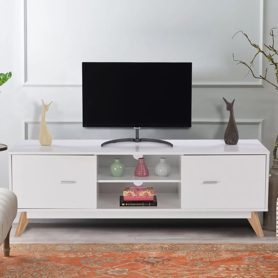 TV-Ständer für 60-Zoll-Fernseher Moderner TV-Konsolentisch mit Stauraum Massivholzfüße Weiß