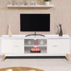 TV-Ständer für 60-Zoll-Fernseher Moderner TV-Konsolentisch mit Stauraum Massivholzfüße Weiß