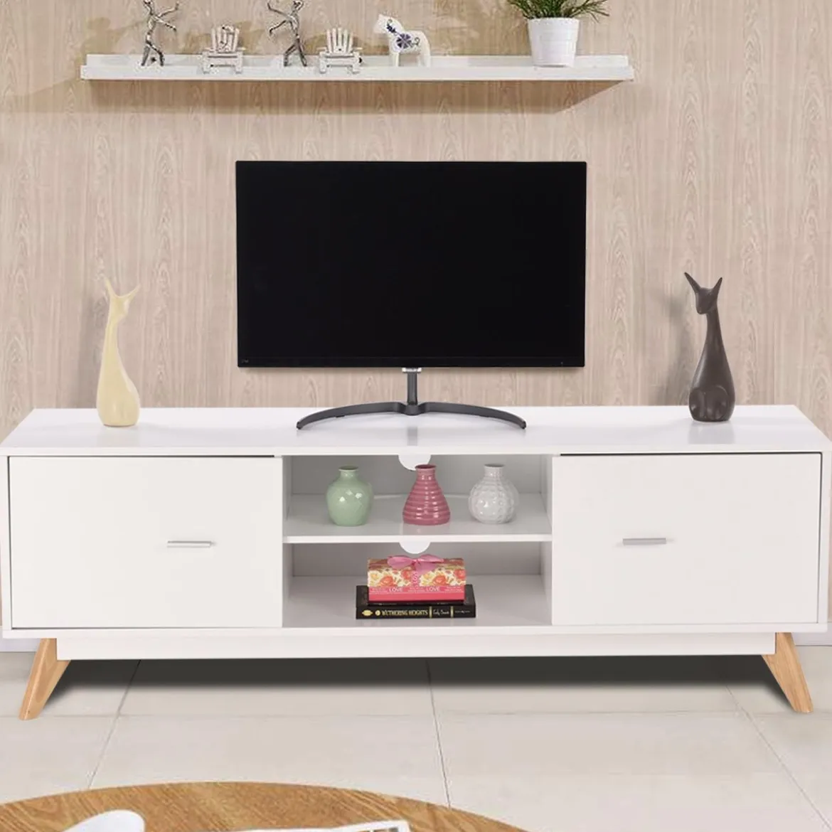 TV-Ständer für 60-Zoll-Fernseher Moderner TV-Konsolentisch mit Stauraum Massivholzfüße Weiß
