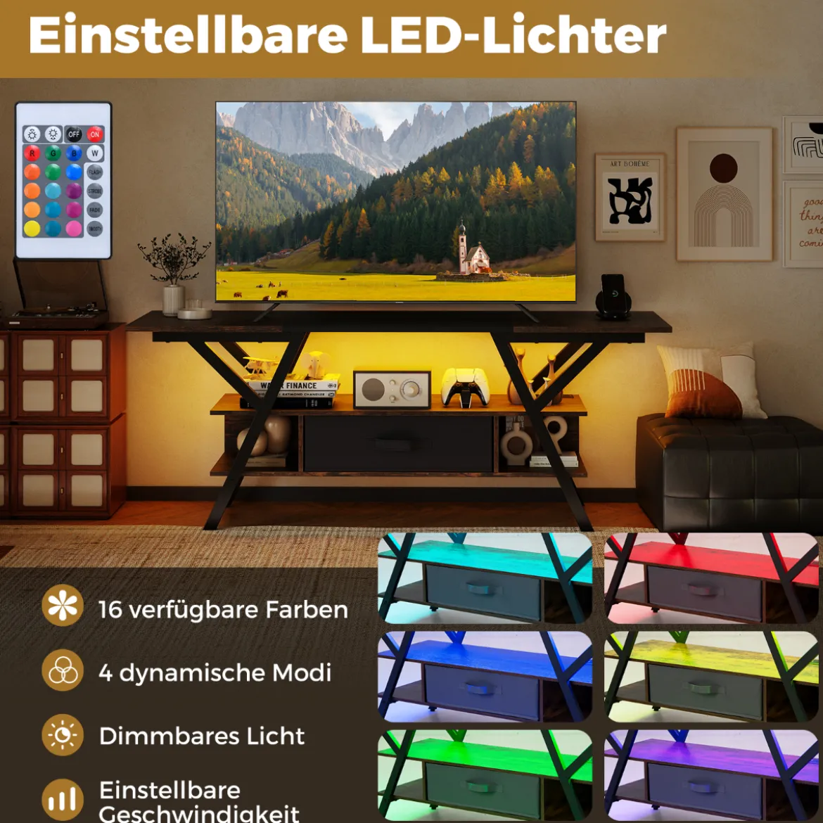 TV-Ständer für 65-Zoll-Fernseher 3-stufiges Entertainment-Center mit LED-Leuchten Schwarz/Rustikal Braun