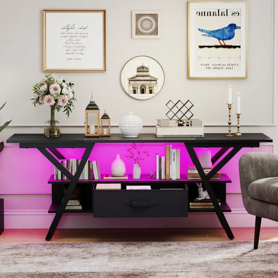 TV-Ständer für 65-Zoll-Fernseher 3-stufiges Entertainment-Center mit LED-Leuchten Schwarz/Rustikal Braun