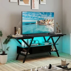 TV-Ständer für 65-Zoll-Fernseher 3-stufiges Entertainment-Center mit LED-Leuchten Schwarz/Rustikal Braun