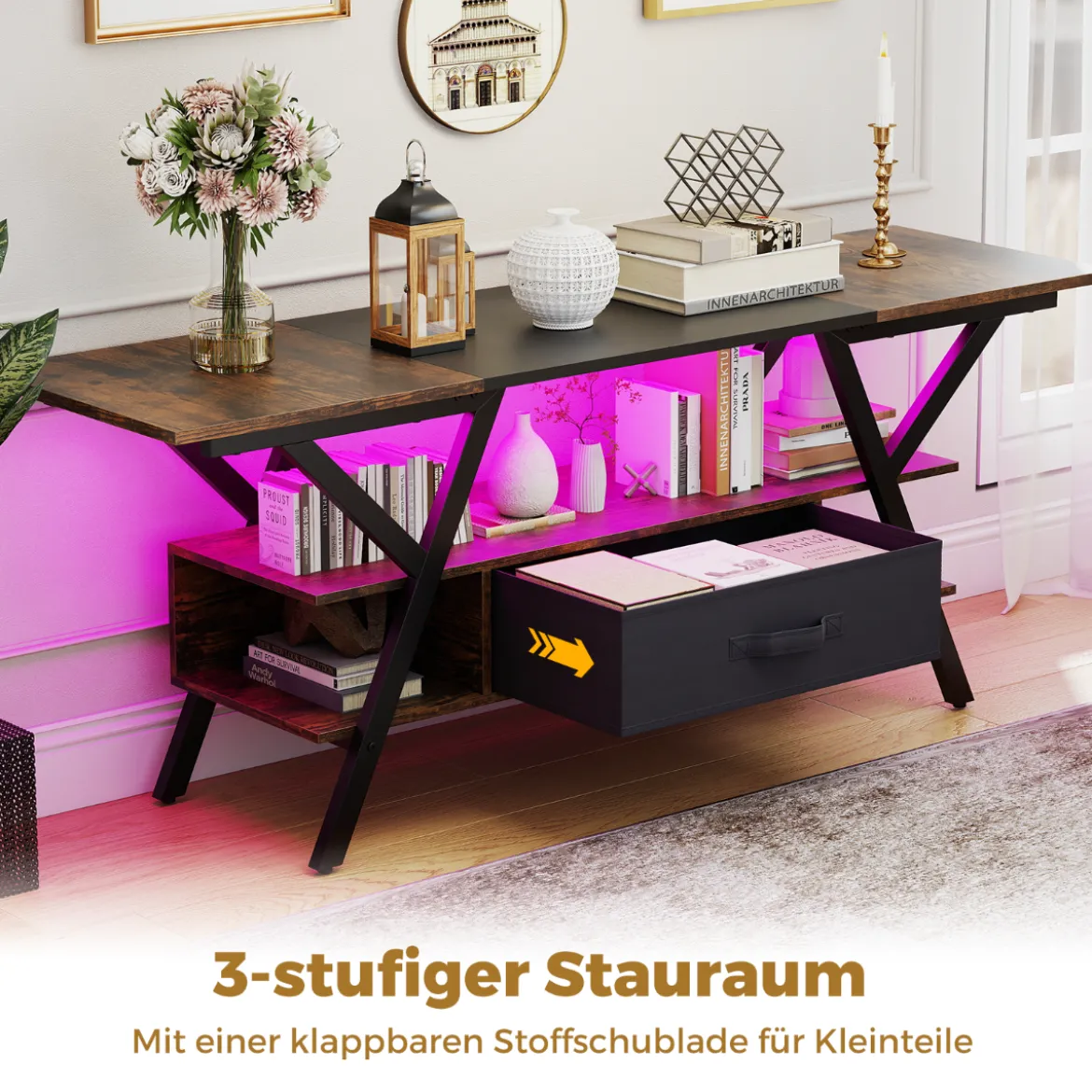 TV-Ständer für 65-Zoll-Fernseher 3-stufiges Entertainment-Center mit LED-Leuchten Schwarz/Rustikal Braun
