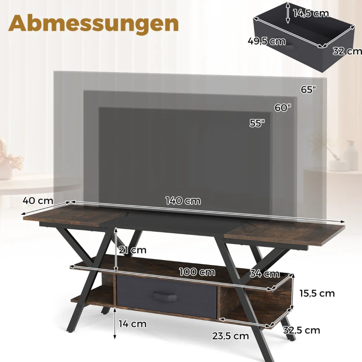 TV-Ständer für 65-Zoll-Fernseher 3-stufiges Entertainment-Center mit LED-Leuchten Schwarz/Rustikal Braun