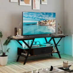 TV-Ständer für 65-Zoll-Fernseher 3-stufiges Entertainment-Center mit LED-Leuchten Schwarz/Rustikal Braun