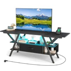 TV-Ständer für 65-Zoll-Fernseher 3-stufiges Entertainment-Center mit LED-Leuchten Schwarz/Rustikal Braun