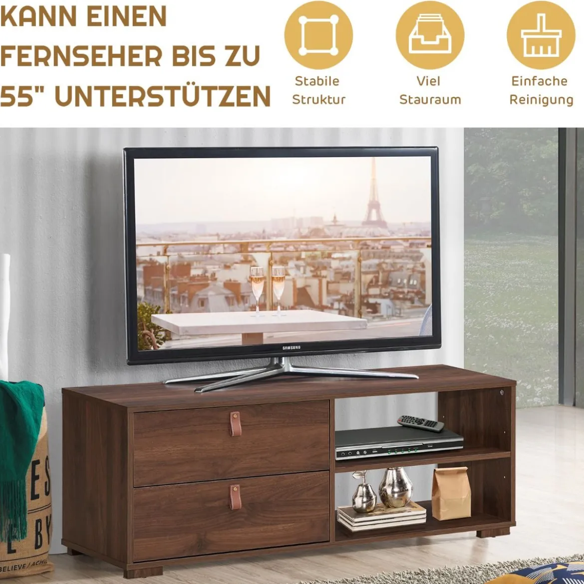 TV-Ständer Industrielles TV-Regal mit 2 Schubladen für Fernseher bis zu 55 Zoll Nussbaum