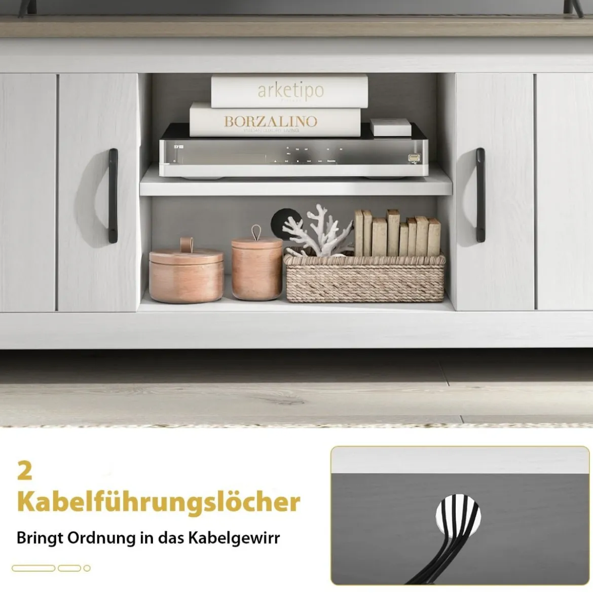 TV-Ständer mit 2 Türen & 2 Schränken & Offenen Regalen Fernsehtisch für Fernseher bis 65" Hellgrau