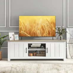 TV-Ständer mit 2 Türen & 2 Schränken & Offenen Regalen Fernsehtisch für Fernseher bis 65