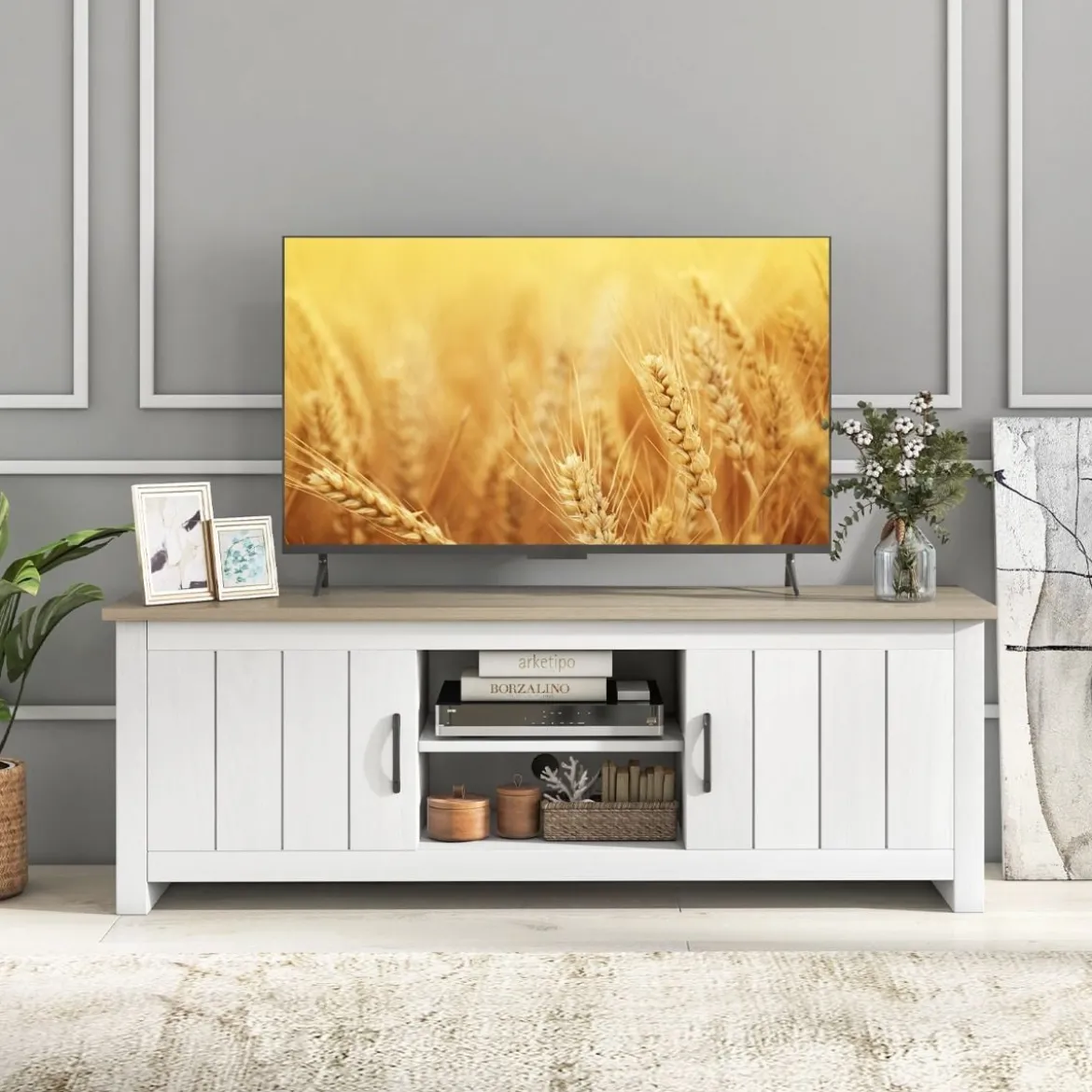 TV-Ständer mit 2 Türen & 2 Schränken & Offenen Regalen Fernsehtisch für Fernseher bis 65" Hellgrau