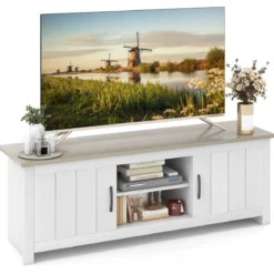 TV-Ständer mit 2 Türen & 2 Schränken & Offenen Regalen Fernsehtisch für Fernseher bis 65