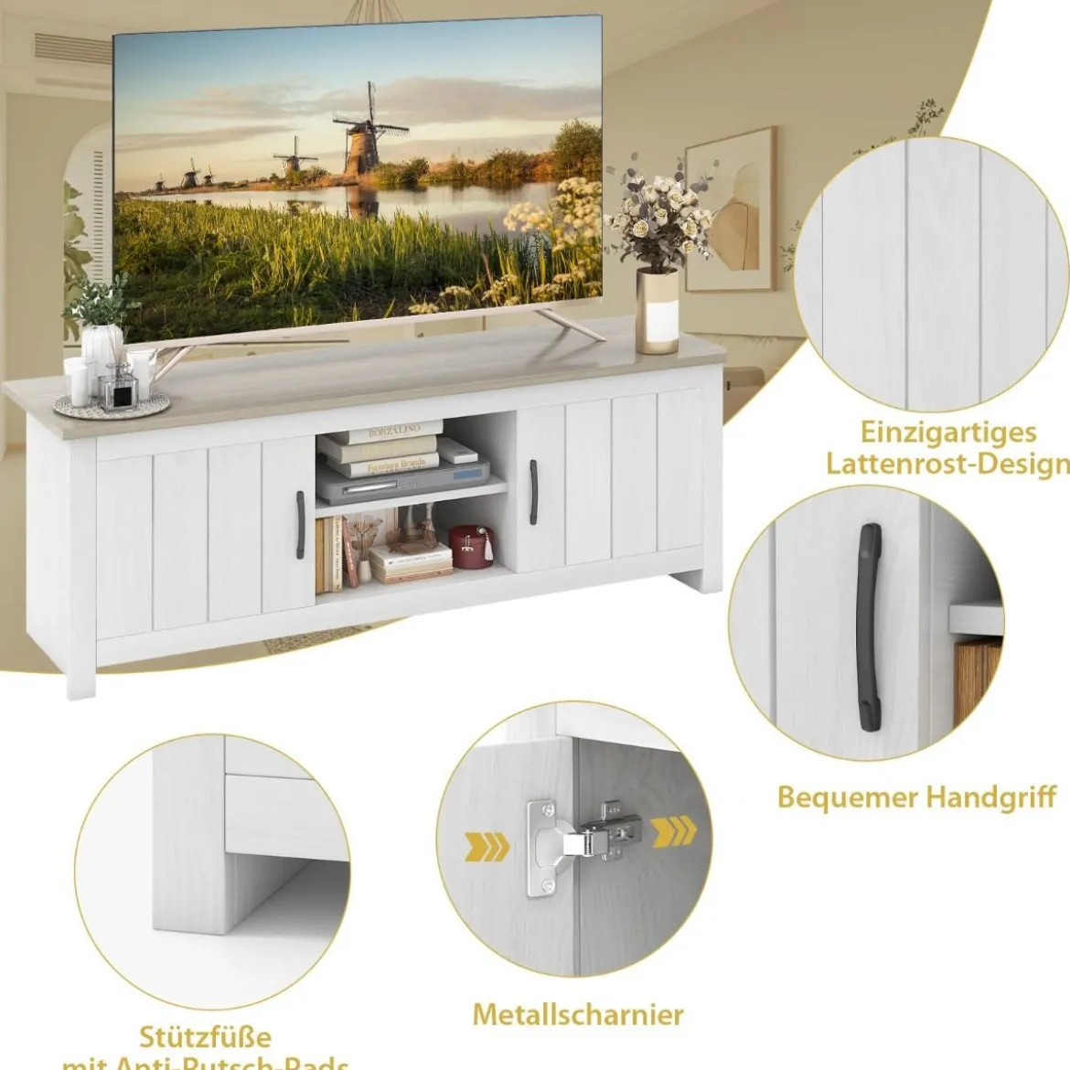 TV-Ständer mit 2 Türen & 2 Schränken & Offenen Regalen Fernsehtisch für Fernseher bis 65" Hellgrau