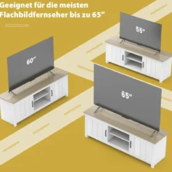 TV-Ständer mit 2 Türen & 2 Schränken & Offenen Regalen Fernsehtisch für Fernseher bis 65