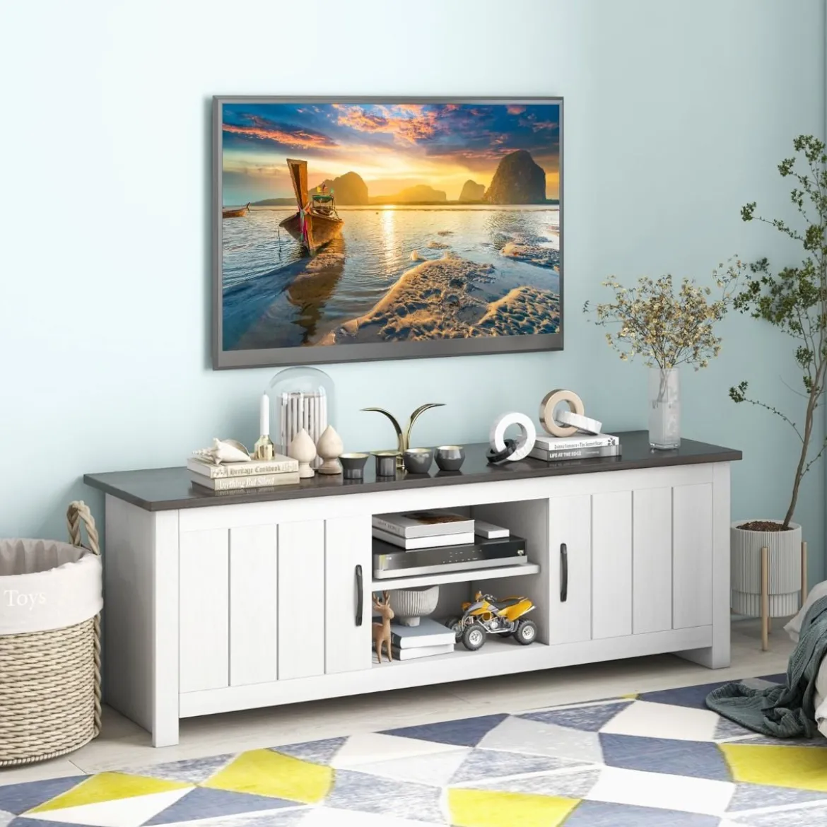 TV-Ständer mit 2 Türen & 2 Schränken & Offenen Regalen Fernsehtisch für Fernseher bis 65" Dunkelgrau