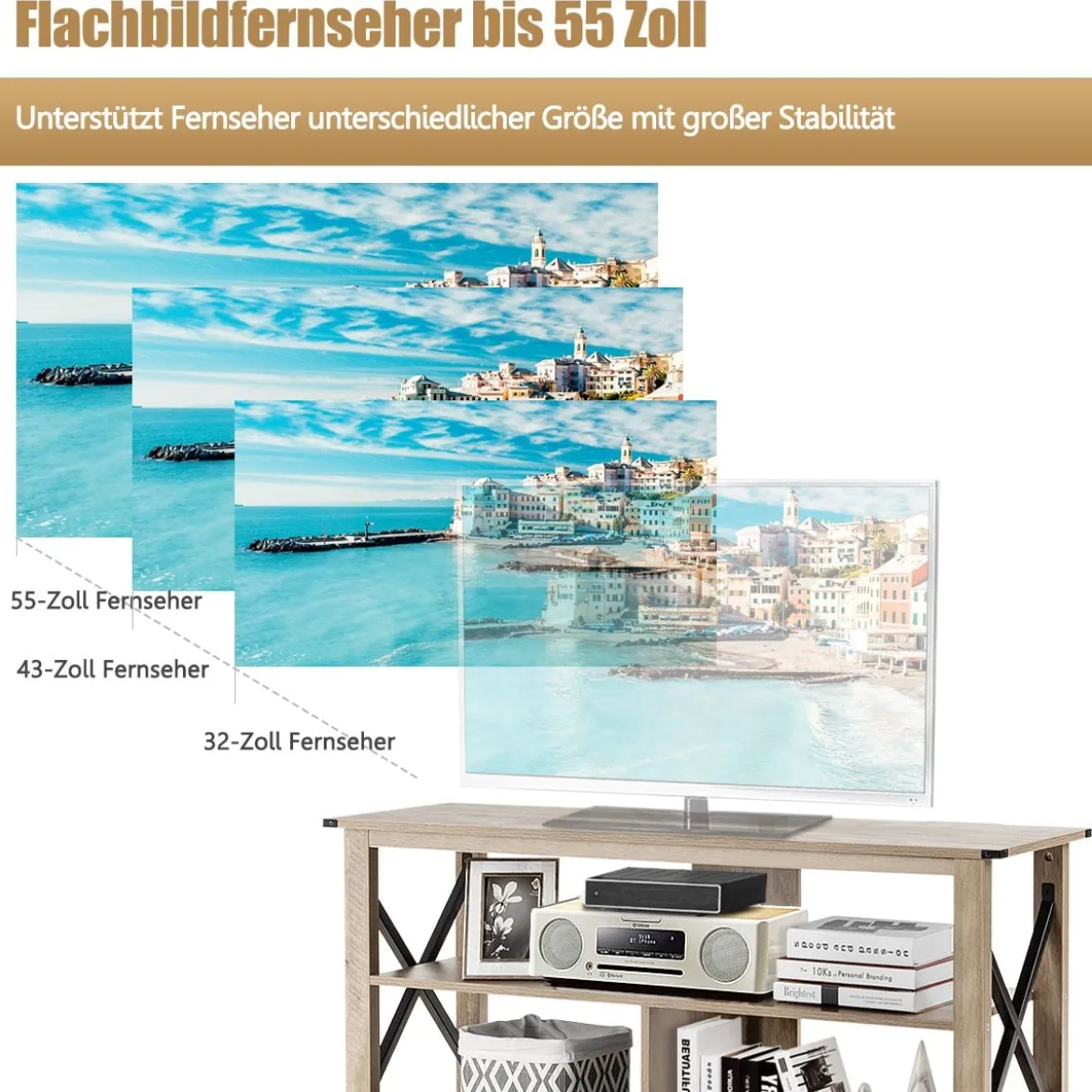 TV-Ständer 3 stöckiger mit offenen Regalen & Metall X-Rahmen industrieller Konsolentisch Grau