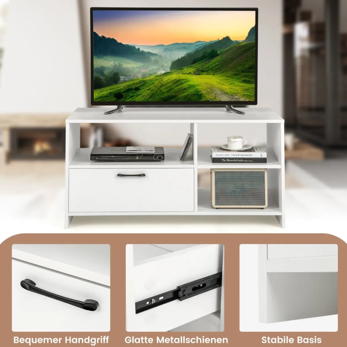 TV Ständer TV-Schrank für Fernseher mit offenen Fächern und Schublade 104,5 x 51,5 x 52 cmWeiß