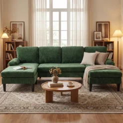 U-förmige Couch für 5-6 Sitzer Clound Ecksofa mit Bezug aus Cordstoff Modernes Schlafsofa Grün