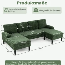 U-förmige Couch für 5-6 Sitzer Clound Ecksofa mit Bezug aus Cordstoff Modernes Schlafsofa Grün