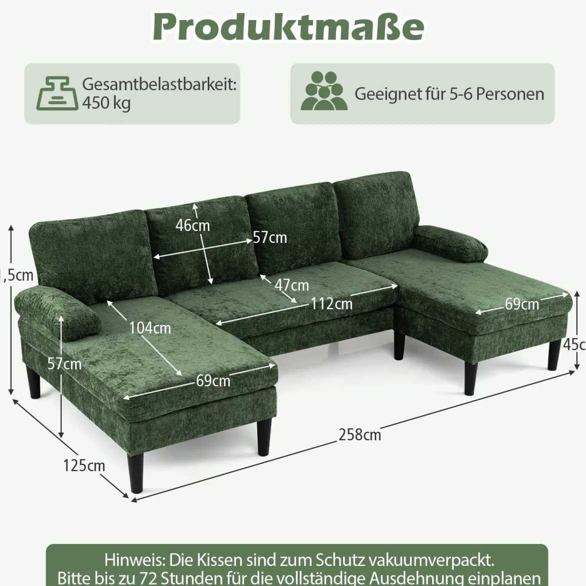 U-förmige Couch für 5-6 Sitzer Clound Ecksofa mit Bezug aus Cordstoff Modernes Schlafsofa Grün