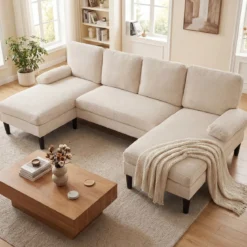 U-förmige Couch für 5-6 Sitzer Clound Ecksofa mit Bezug aus Cordstoff Modernes Schlafsofa Beige