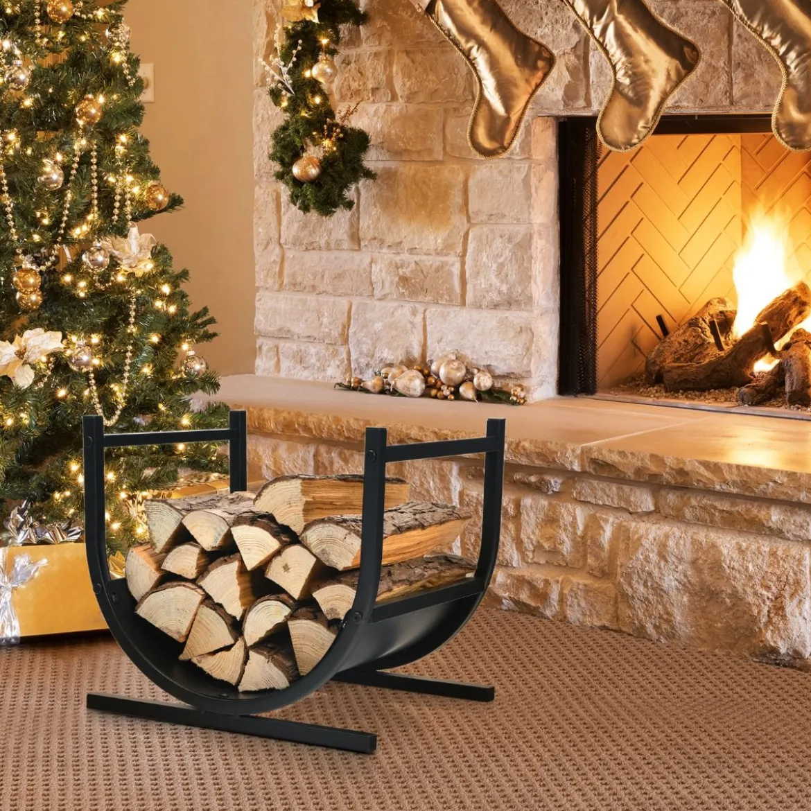 U-förmiges Metall-Kaminholzregal Holzstapelhalter mit stabilem Sockel43 x 37 x 39,5 cm Schwarz