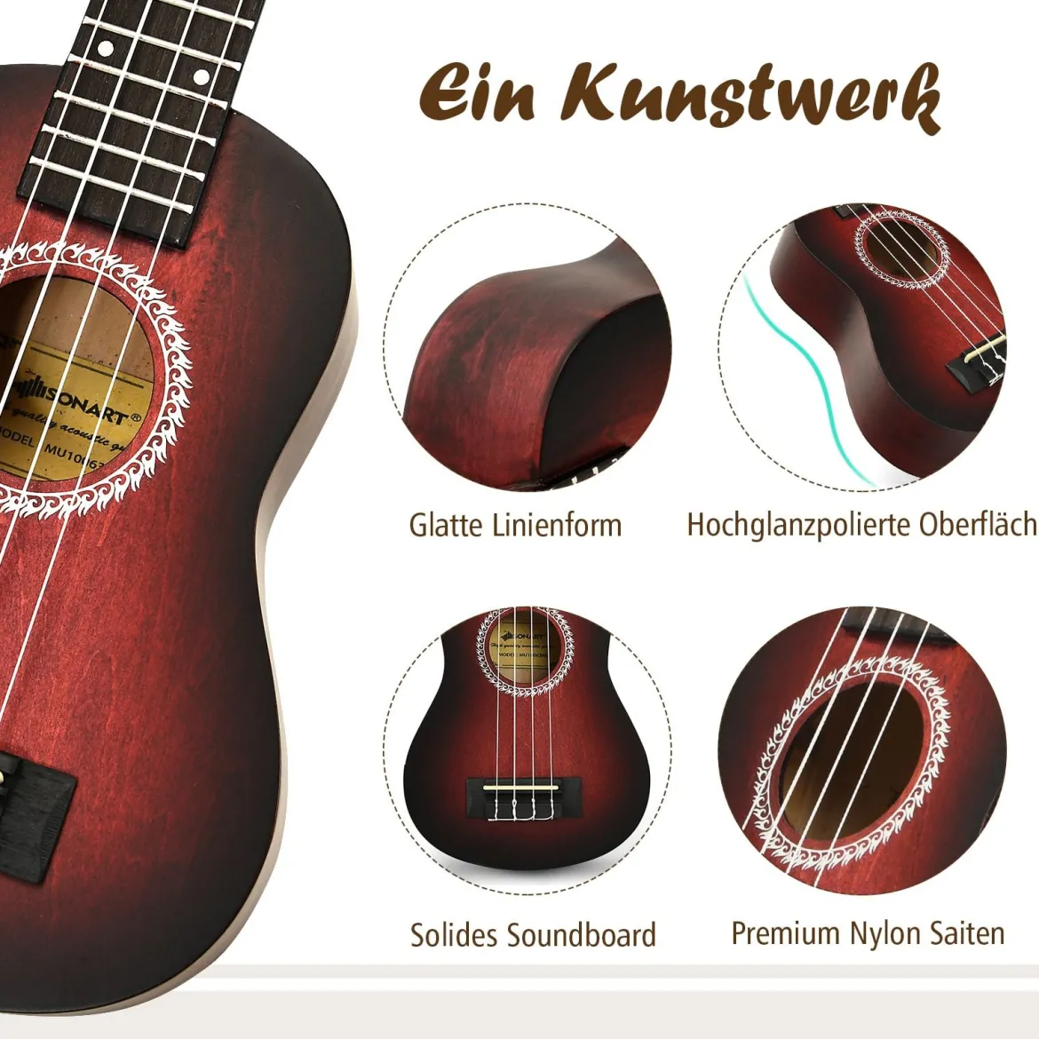 Ukulelen-Set Professionelles Ukulelen-Set aus Holz mit Tragetasche 17,5 x 6 x 53 cm Rot