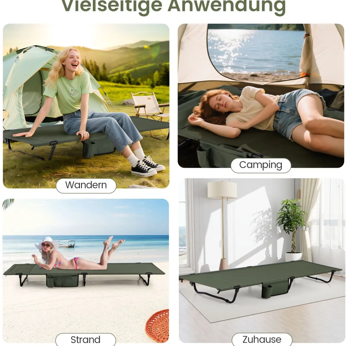 Ultraleichtes Feldbett Campingbett mit Seitentasche Tragbares Klappbett 150 kg Tragkraft Grün