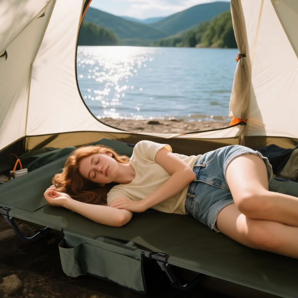 Ultraleichtes Feldbett Campingbett mit Seitentasche Tragbares Klappbett 150 kg Tragkraft Grün