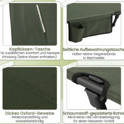 Ultraleichtes Feldbett Campingbett mit Seitentasche Tragbares Klappbett 150 kg Tragkraft Grün