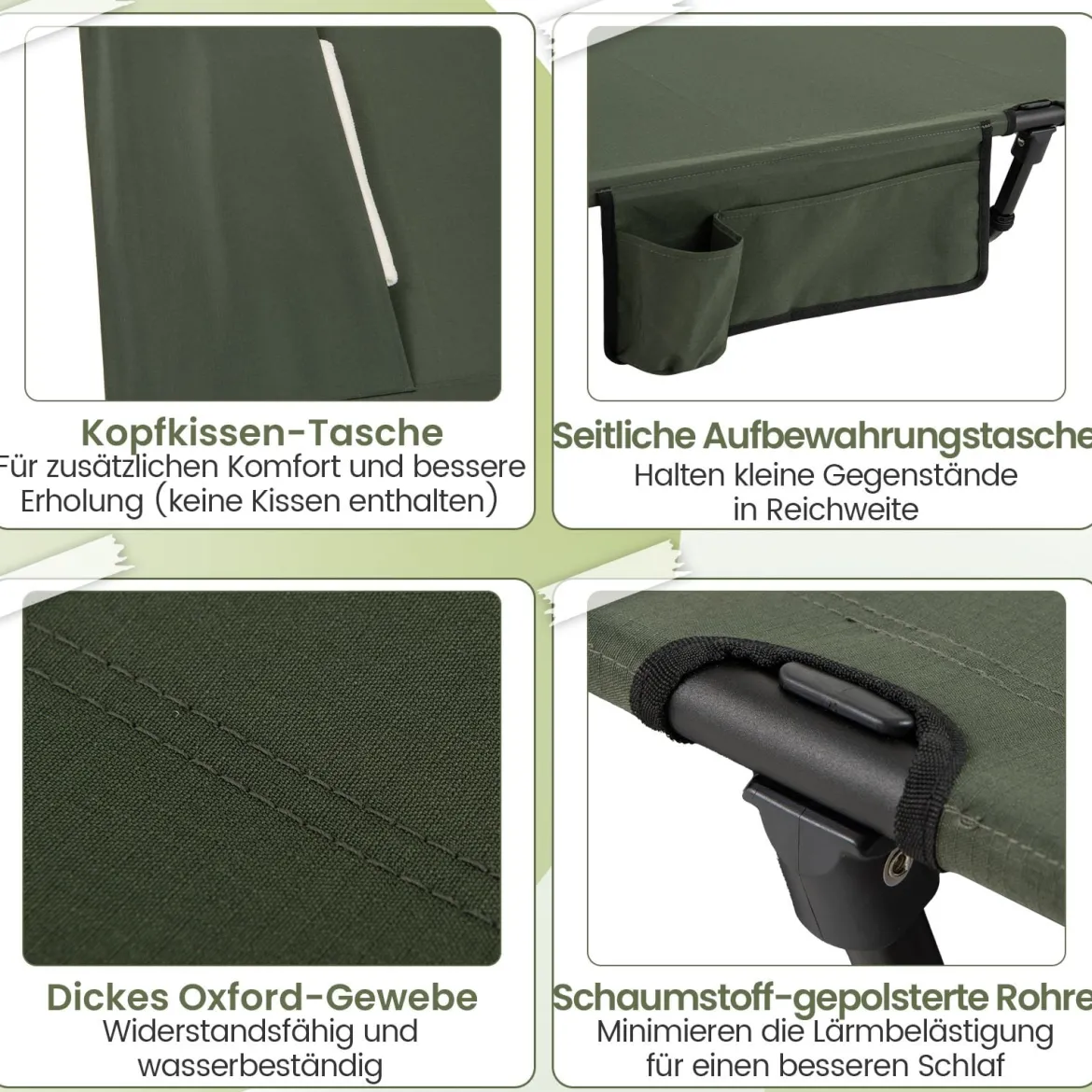 Ultraleichtes Feldbett Campingbett mit Seitentasche Tragbares Klappbett 150 kg Tragkraft Grün