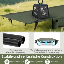 Ultraleichtes Feldbett Campingbett mit Seitentasche Tragbares Klappbett 150 kg Tragkraft Grün