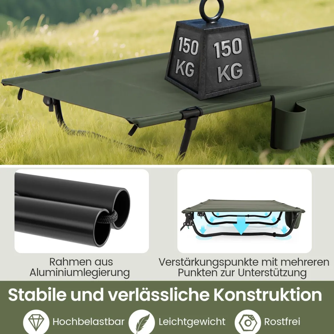 Ultraleichtes Feldbett Campingbett mit Seitentasche Tragbares Klappbett 150 kg Tragkraft Grün