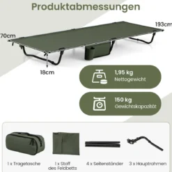 Ultraleichtes Feldbett Campingbett mit Seitentasche Tragbares Klappbett 150 kg Tragkraft Grün
