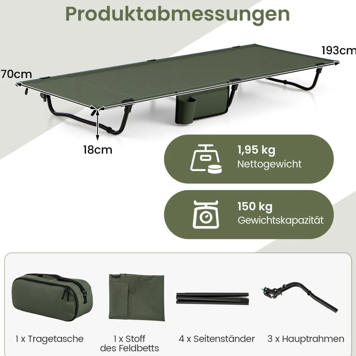 Ultraleichtes Feldbett Campingbett mit Seitentasche Tragbares Klappbett 150 kg Tragkraft Grün