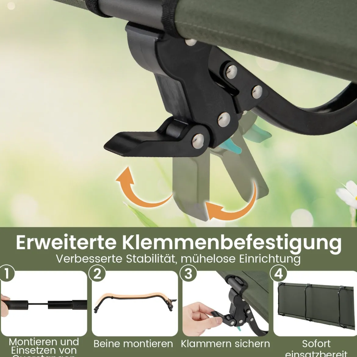 Ultraleichtes Feldbett Campingbett mit Seitentasche Tragbares Klappbett 150 kg Tragkraft Grün