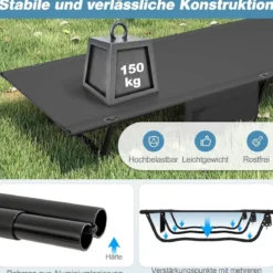 Ultraleichtes Feldbett Campingbett mit Seitentasche Tragbares Klappbett 150 kg Tragkraft Schwarz