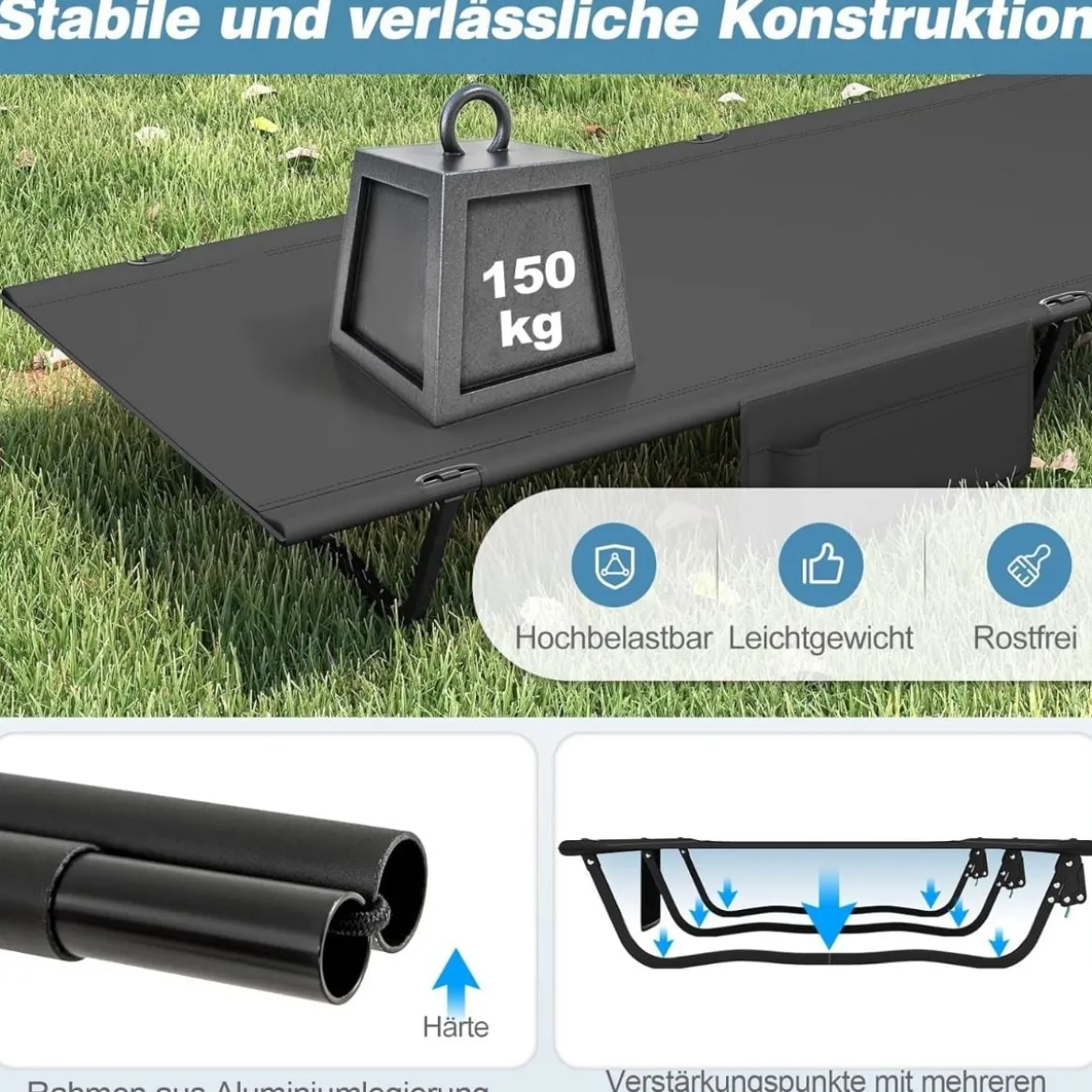 Ultraleichtes Feldbett Campingbett mit Seitentasche Tragbares Klappbett 150 kg Tragkraft Schwarz