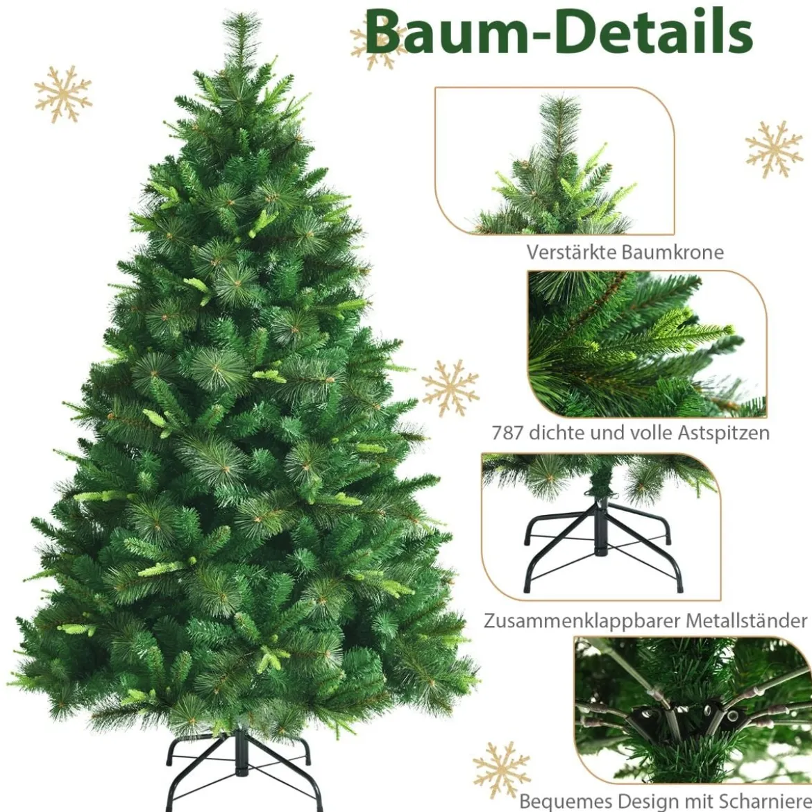 Unbeleuchteter 180 cm hoher künstlicher Weihnachtsbaum Tannenbaum mit Metallständer Grün