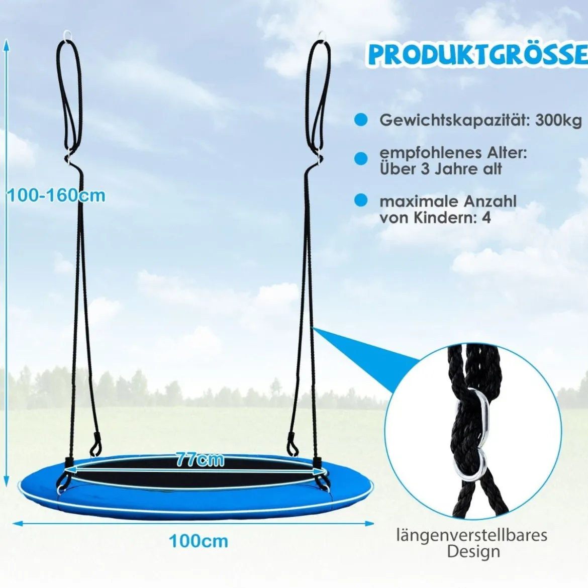 Untertassenschaukel mit 100 cm Durchmesser bis 300kg belastbar LED-Schaukel für Kinder & Erwachsene Blau