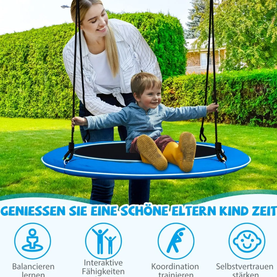 Untertassenschaukel mit 100 cm Durchmesser bis 300kg belastbar LED-Schaukel für Kinder & Erwachsene Blau