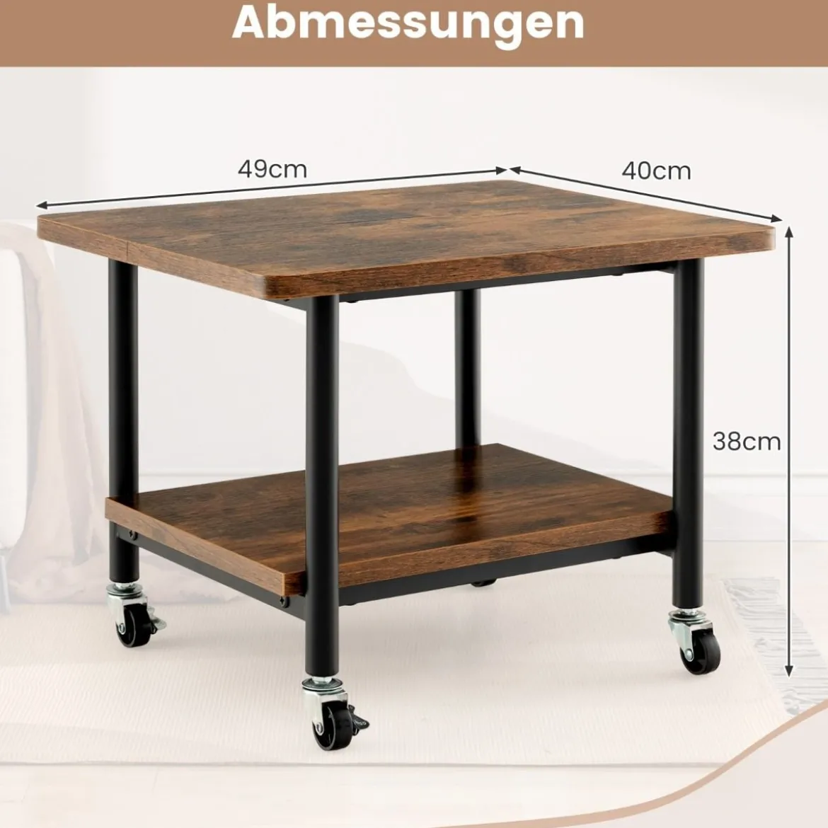 Untertisch-Druckerablage mit Transportrollen 2-stöckige Druckerablage 49 x 40 x 37 cm Braun