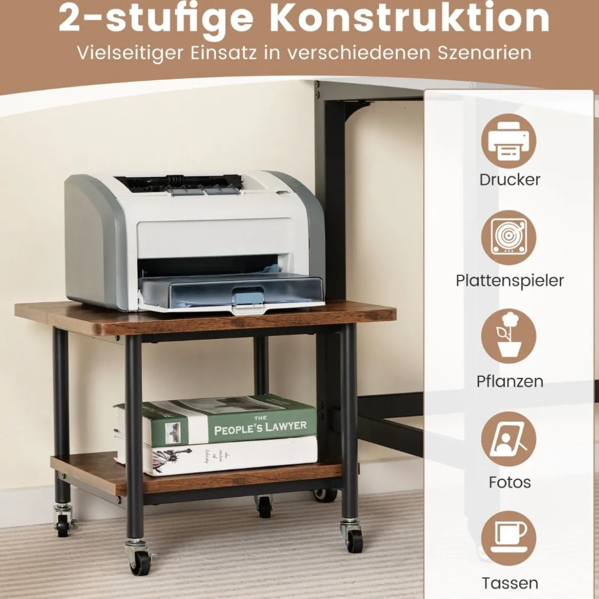 Untertisch-Druckerablage mit Transportrollen 2-stöckige Druckerablage 49 x 40 x 37 cm Braun