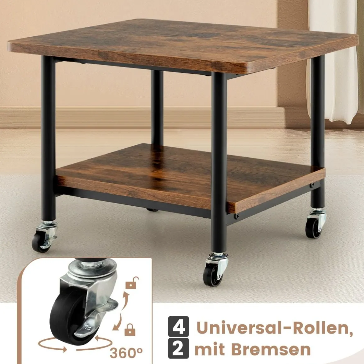 Untertisch-Druckerablage mit Transportrollen 2-stöckige Druckerablage 49 x 40 x 37 cm Braun