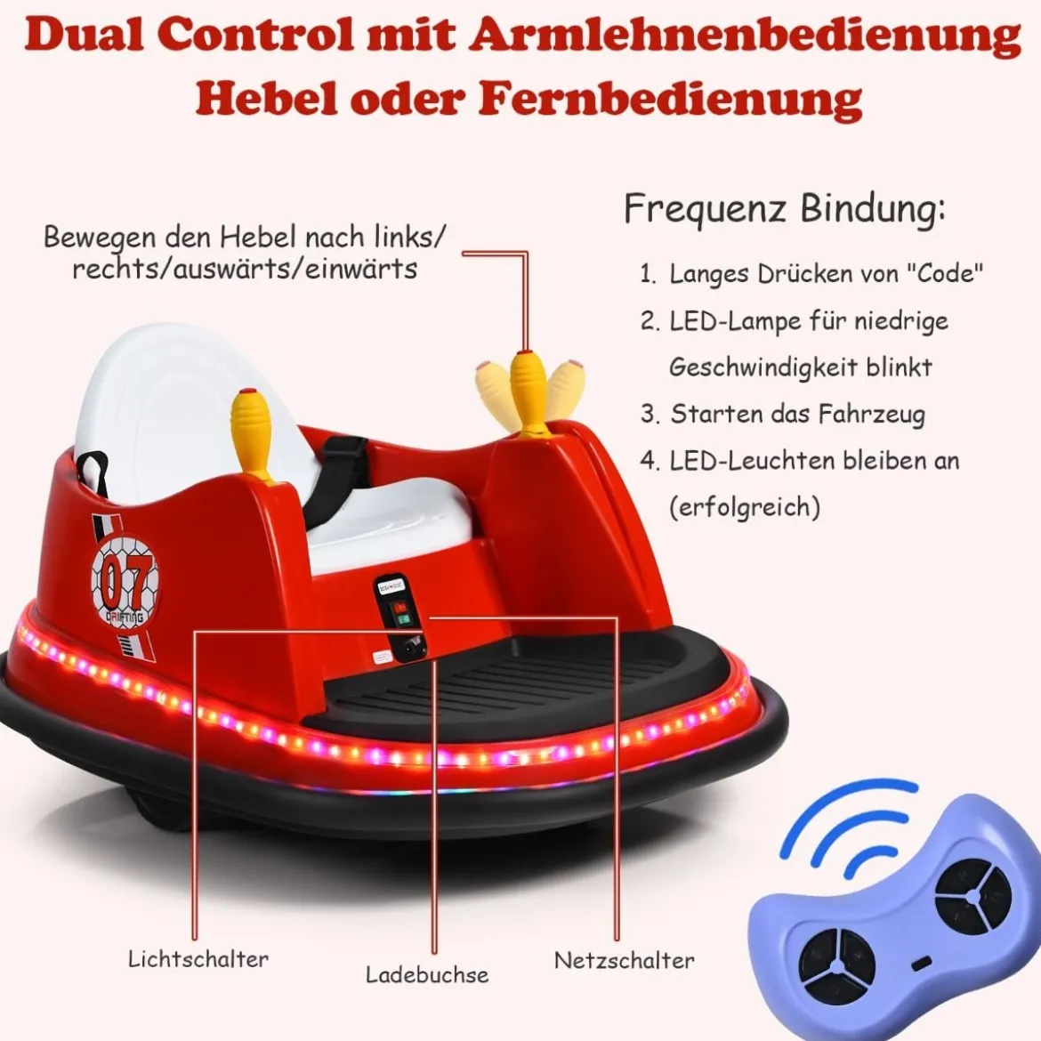 6V Aufsitz Autoscooter mit Bunten Lichtern & Fernbedienung & 360 Grad Rotation Bumper Car