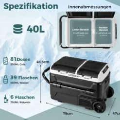 12V-Autokühlschrank mit 2 Kühlzonen 40L Tragbarer Gefrierschrank mit Kompressor (-20℃~20℃)