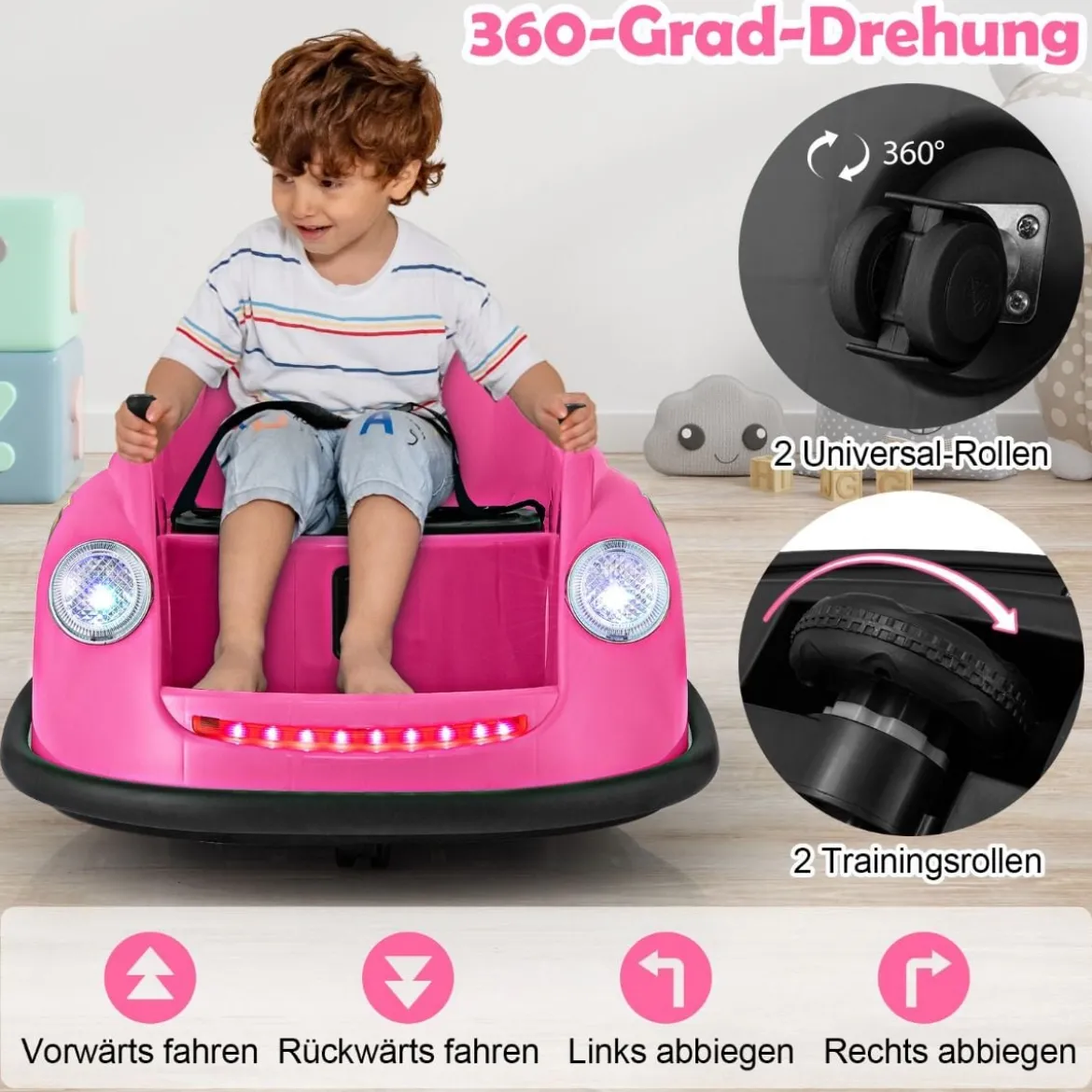12V Autoscooter Kinder Elektro Bumper Car mit Fernsteuerung & LED-Lichtern & Musik Blau/Rosa/Rot